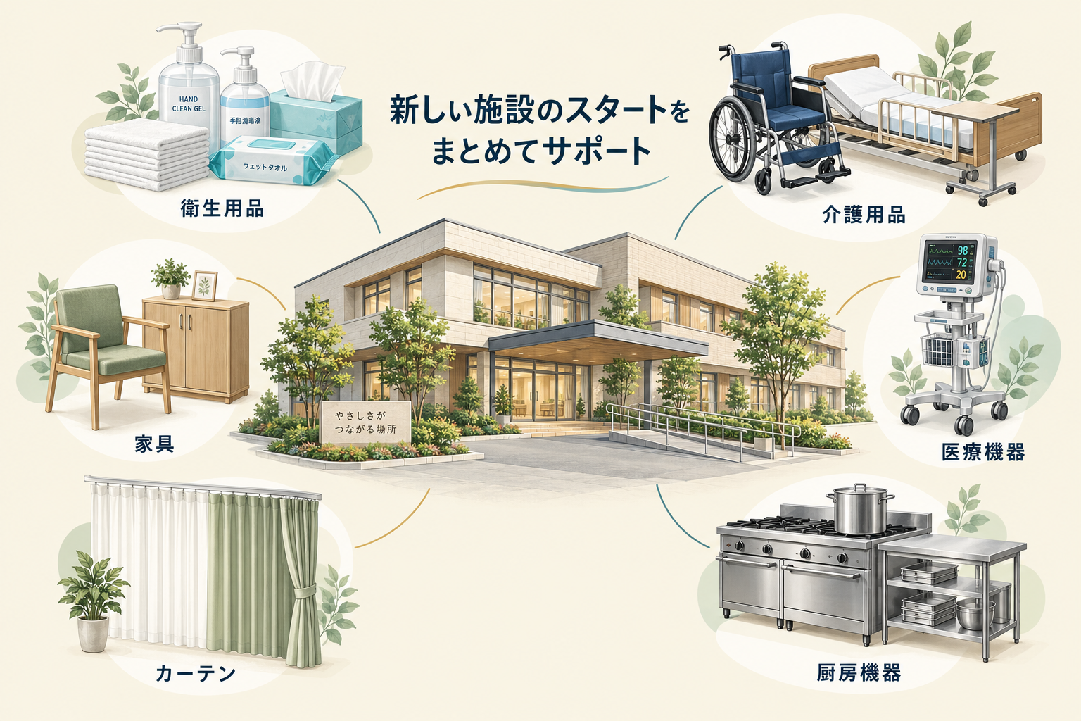 新しい施設のスタートをまとめてサポート。施設を中心に衛生用品、介護用品、医療機器、家具、カーテン、厨房機器を配置したイラスト。